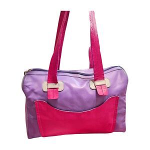 VINTAGE Leather WEEKENDER BAG Pink & Purple Colorblock DUAL TOP HANDLE 90s PERU